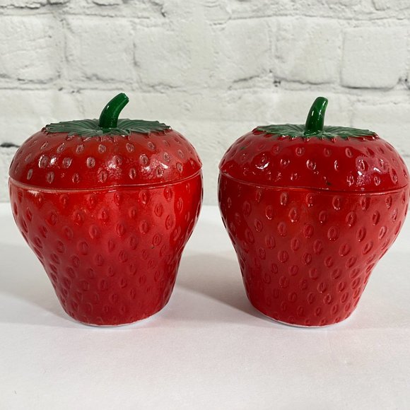 VINTAGE Hazel Atlas Milk Glass Strawberry Jam Jelly Jar With Lid Set of 2 - Picture 2 of 10